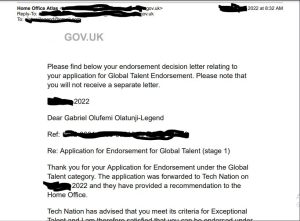 Gabriel Olatunji-Legend's Global Talent Endorsement letter