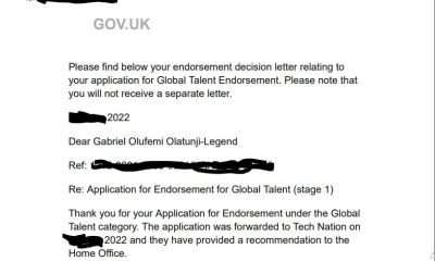 Gabriel Olatunji-Legend's Global Talent Endorsement letter