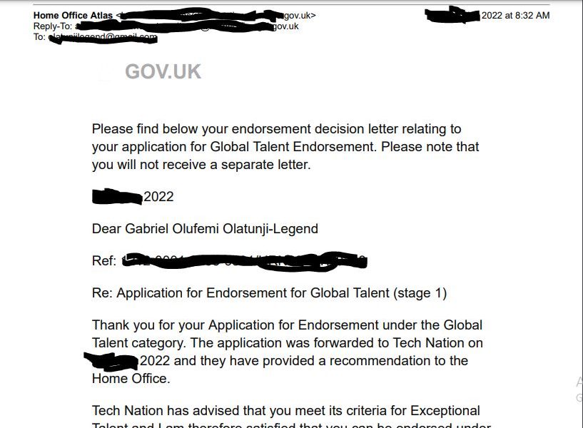 Gabriel Olatunji-Legend's Global Talent Endorsement letter